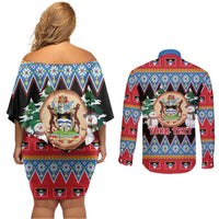 Personalized Antigua and Barbuda Christmas Couples Matching Off Shoulder Short Dress and Long Sleeve Button Shirt Coat Of Arms With Snowman - Wonder Print Shop