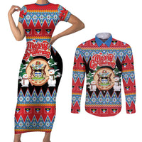 Personalized Antigua and Barbuda Christmas Couples Matching Short Sleeve Bodycon Dress and Long Sleeve Button Shirt Coat Of Arms With Snowman - Wonder Print Shop