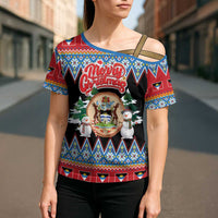 Personalized Antigua and Barbuda Christmas Cross Shoulder Shirt Coat Of Arms With Snowman - Wonder Print Shop