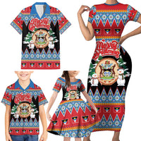 Personalized Antigua and Barbuda Christmas Family Matching Short Sleeve Bodycon Dress and Hawaiian Shirt Coat Of Arms With Snowman - Wonder Print Shop