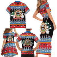 Personalized Antigua and Barbuda Christmas Family Matching Short Sleeve Bodycon Dress and Hawaiian Shirt Coat Of Arms With Snowman - Wonder Print Shop