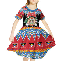 Personalized Antigua and Barbuda Christmas Kid Short Sleeve Dress Coat Of Arms With Snowman - Wonder Print Shop