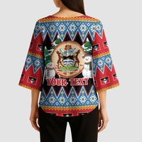 Personalized Antigua and Barbuda Christmas Kimono Sleeve Blouse Coat Of Arms With Snowman - Wonder Print Shop