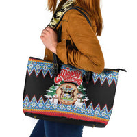 Antigua and Barbuda Christmas Leather Tote Bag Coat Of Arms With Snowman - Wonder Print Shop