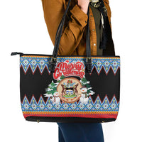 Antigua and Barbuda Christmas Leather Tote Bag Coat Of Arms With Snowman - Wonder Print Shop