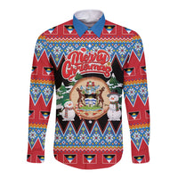 Personalized Antigua and Barbuda Christmas Long Sleeve Button Shirt Coat Of Arms With Snowman - Wonder Print Shop