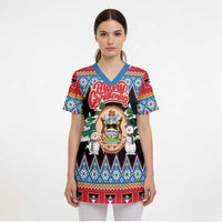 Personalized Antigua and Barbuda Christmas Scrub Top Coat Of Arms With Snowman - Wonder Print Shop