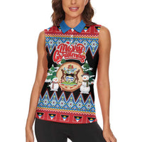 Personalized Antigua and Barbuda Christmas Women Sleeveless Polo Shirt Coat Of Arms With Snowman - Wonder Print Shop