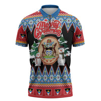 Personalized Antigua and Barbuda Christmas Zipper Polo Shirt Coat Of Arms With Snowman - Wonder Print Shop