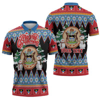 Personalized Antigua and Barbuda Christmas Zipper Polo Shirt Coat Of Arms With Snowman - Wonder Print Shop