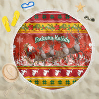 Custom Lithuania Christmas Beach Blanket Lietuva Santa Claus With Reindeer - Wonder Print Shop