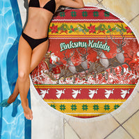 Custom Lithuania Christmas Beach Blanket Lietuva Santa Claus With Reindeer - Wonder Print Shop
