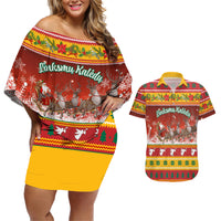 Custom Lithuania Christmas Couples Matching Off Shoulder Short Dress and Hawaiian Shirt Lietuva Santa Claus With Reindeer - Wonder Print Shop