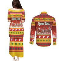 Custom Lithuania Christmas Couples Matching Puletasi Dress and Long Sleeve Button Shirt Lietuva Santa Claus With Reindeer - Wonder Print Shop