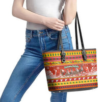 Custom Lithuania Christmas Leather Tote Bag Lietuva Santa Claus With Reindeer - Wonder Print Shop