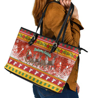 Custom Lithuania Christmas Leather Tote Bag Lietuva Santa Claus With Reindeer - Wonder Print Shop