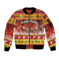 Custom Lithuania Christmas Sleeve Zip Bomber Jacket Lietuva Santa Claus With Reindeer - Wonder Print Shop