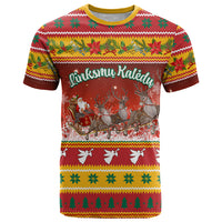 Custom Lithuania Christmas T Shirt Lietuva Santa Claus With Reindeer - Wonder Print Shop