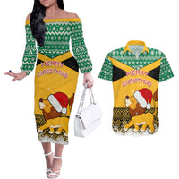 Custom Jamaica Christmas Couples Matching Off The Shoulder Long Sleeve Dress and Hawaiian Shirt Jumieka Santa Lion - Wonder Print Shop