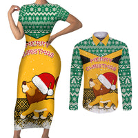 Custom Jamaica Christmas Couples Matching Short Sleeve Bodycon Dress and Long Sleeve Button Shirt Jumieka Santa Lion - Wonder Print Shop