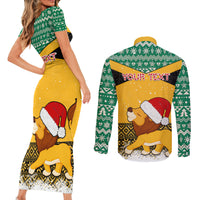 Custom Jamaica Christmas Couples Matching Short Sleeve Bodycon Dress and Long Sleeve Button Shirt Jumieka Santa Lion - Wonder Print Shop