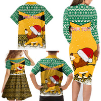 Custom Jamaica Christmas Family Matching Long Sleeve Bodycon Dress and Hawaiian Shirt Jumieka Santa Lion - Wonder Print Shop