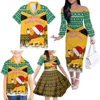 Custom Jamaica Christmas Family Matching Off Shoulder Long Sleeve Dress and Hawaiian Shirt Jumieka Santa Lion - Wonder Print Shop