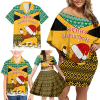 Custom Jamaica Christmas Family Matching Off Shoulder Short Dress and Hawaiian Shirt Jumieka Santa Lion - Wonder Print Shop