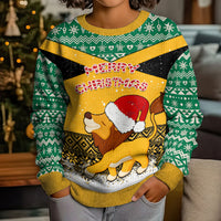 Custom Jamaica Christmas Kid Ugly Christmas Sweater Jumieka Santa Lion - Wonder Print Shop
