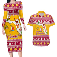 Florida Christmas Couples Matching Long Sleeve Bodycon Dress and Hawaiian Shirt Santa Claus Florida Map With Orange - Wonder Print Shop