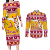 Florida Christmas Couples Matching Long Sleeve Bodycon Dress and Long Sleeve Button Shirt Santa Claus Florida Map With Orange - Wonder Print Shop