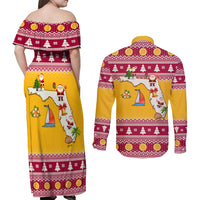 Florida Christmas Couples Matching Off Shoulder Maxi Dress and Long Sleeve Button Shirt Santa Claus Florida Map With Orange - Wonder Print Shop