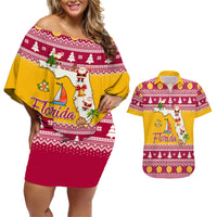 Florida Christmas Couples Matching Off Shoulder Short Dress and Hawaiian Shirt Santa Claus Florida Map With Orange - Wonder Print Shop