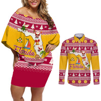 Florida Christmas Couples Matching Off Shoulder Short Dress and Long Sleeve Button Shirt Santa Claus Florida Map With Orange - Wonder Print Shop