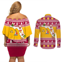 Florida Christmas Couples Matching Off Shoulder Short Dress and Long Sleeve Button Shirt Santa Claus Florida Map With Orange - Wonder Print Shop