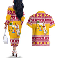 Florida Christmas Couples Matching Off The Shoulder Long Sleeve Dress and Hawaiian Shirt Santa Claus Florida Map With Orange - Wonder Print Shop