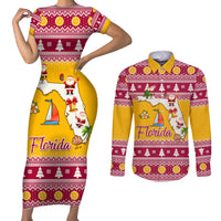 Florida Christmas Couples Matching Short Sleeve Bodycon Dress and Long Sleeve Button Shirt Santa Claus Florida Map With Orange - Wonder Print Shop