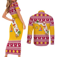 Florida Christmas Couples Matching Short Sleeve Bodycon Dress and Long Sleeve Button Shirt Santa Claus Florida Map With Orange - Wonder Print Shop