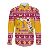 Florida Christmas Long Sleeve Button Shirt Santa Claus Florida Map With Orange - Wonder Print Shop