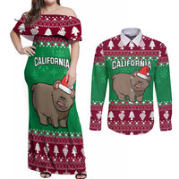 Custom California Christmas Couples Matching Off Shoulder Maxi Dress and Long Sleeve Button Shirt Santa Grizzly Bear With Grape - Wonder Print Shop
