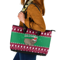 Custom California Christmas Leather Tote Bag Santa Grizzly Bear With Grape - Wonder Print Shop