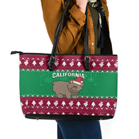 Custom California Christmas Leather Tote Bag Santa Grizzly Bear With Grape - Wonder Print Shop