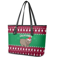 Custom California Christmas Leather Tote Bag Santa Grizzly Bear With Grape - Wonder Print Shop