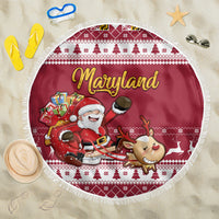 Custom Maryland Christmas Beach Blanket Santa Claus Riding A Reindeer - Wonder Print Shop