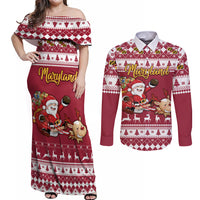 Custom Maryland Christmas Couples Matching Off Shoulder Maxi Dress and Long Sleeve Button Shirt Santa Claus Riding A Reindeer - Wonder Print Shop