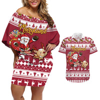 Custom Maryland Christmas Couples Matching Off Shoulder Short Dress and Hawaiian Shirt Santa Claus Riding A Reindeer - Wonder Print Shop