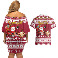 Custom Maryland Christmas Couples Matching Off Shoulder Short Dress and Hawaiian Shirt Santa Claus Riding A Reindeer - Wonder Print Shop