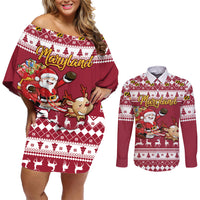 Custom Maryland Christmas Couples Matching Off Shoulder Short Dress and Long Sleeve Button Shirt Santa Claus Riding A Reindeer - Wonder Print Shop