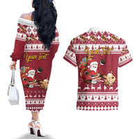 Custom Maryland Christmas Couples Matching Off The Shoulder Long Sleeve Dress and Hawaiian Shirt Santa Claus Riding A Reindeer - Wonder Print Shop