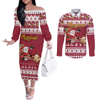 custom-maryland-christmas-couples-matching-off-the-shoulder-long-sleeve-dress-and-long-sleeve-button-shirt-santa-claus-riding-a-reindeer